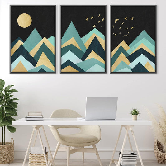 Abstract Mountain Landscape with Full Moon and Golden Highlights