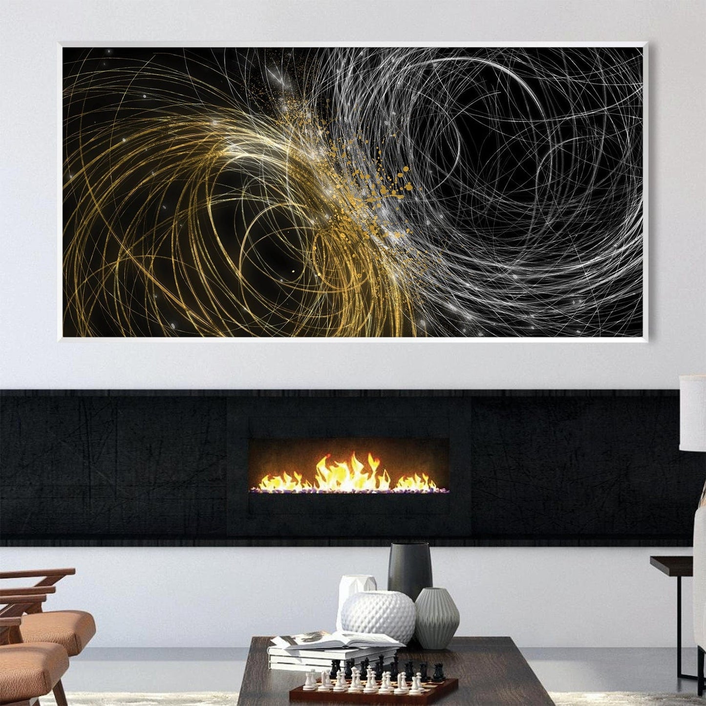 Dynamic Fusion of Gold and Silver Waves Abstract Oil Painting