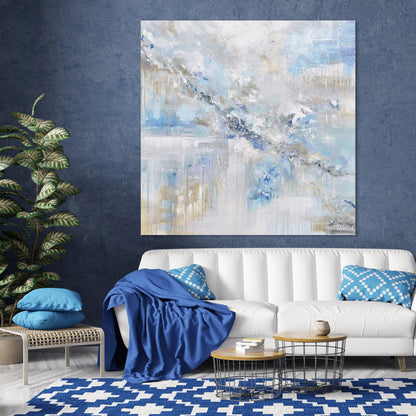 Celestial Abstract Oil Painting in Soothing Blue and White Hues for Elegant Home Decor