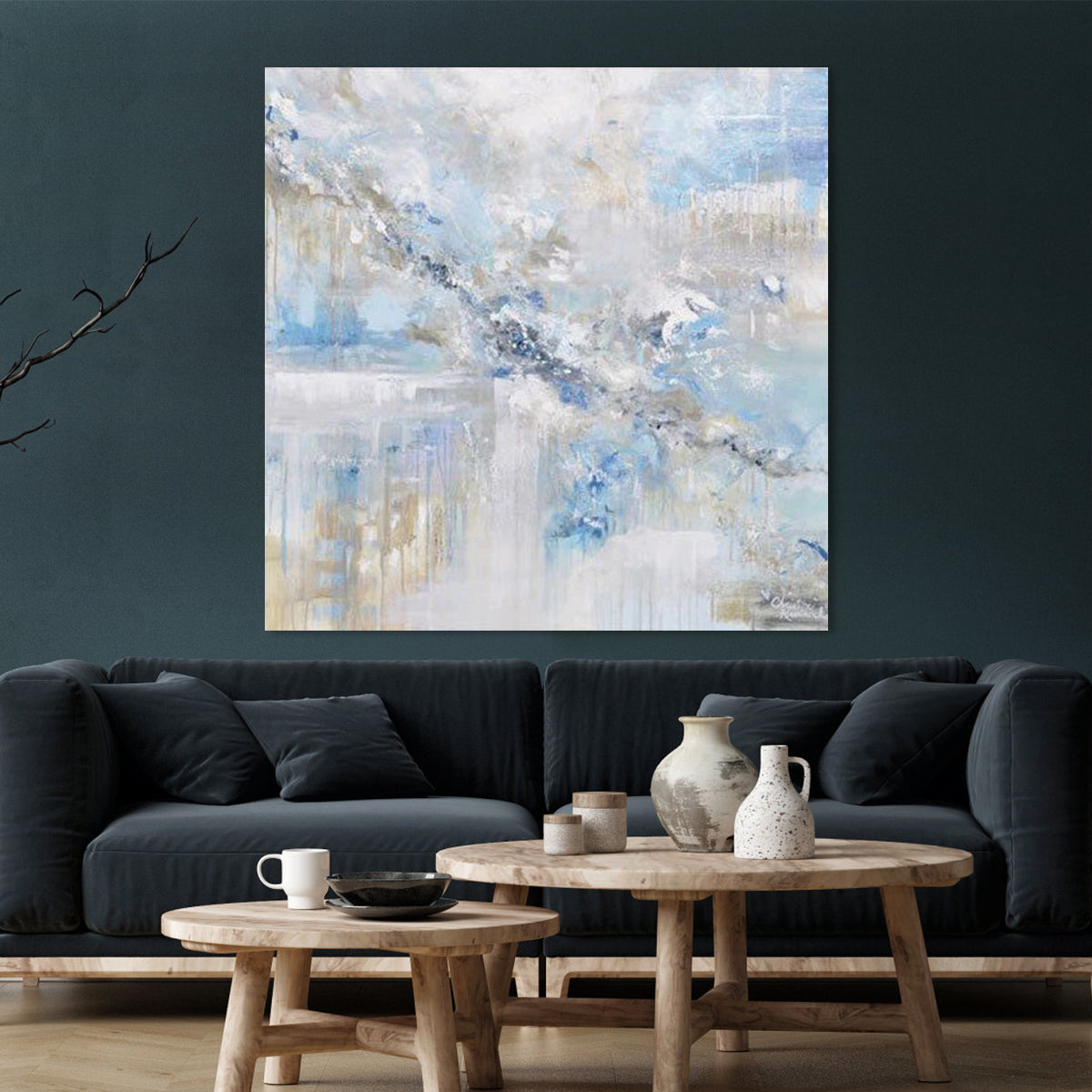 Celestial Abstract Oil Painting in Soothing Blue and White Hues for Elegant Home Decor