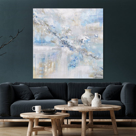 Celestial Abstract Oil Painting in Soothing Blue and White Hues for Elegant Home Decor