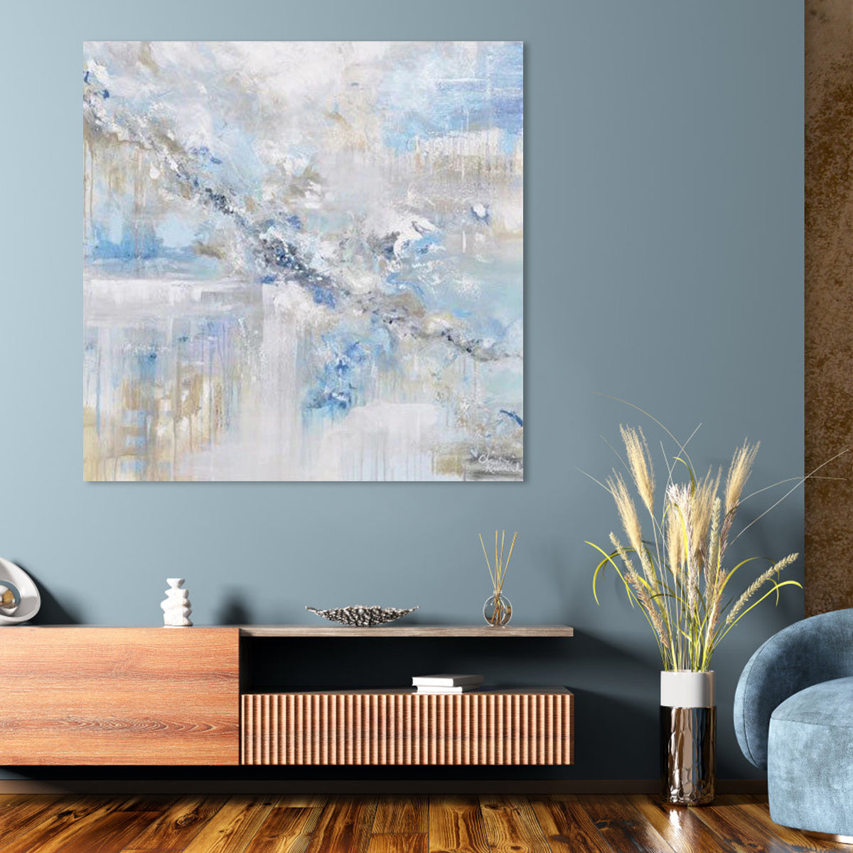 Celestial Abstract Oil Painting in Soothing Blue and White Hues for Elegant Home Decor