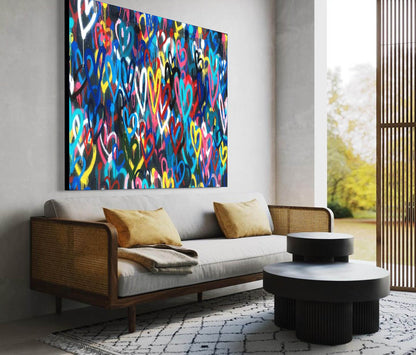 Vibrant Heart Motif Graffiti Oil Painting for Modern Home Decor