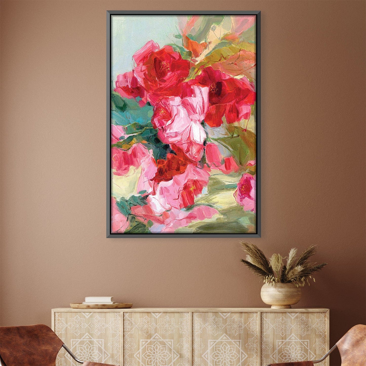 Vibrant Floral Garden Oil Painting with Roses and Blossoms