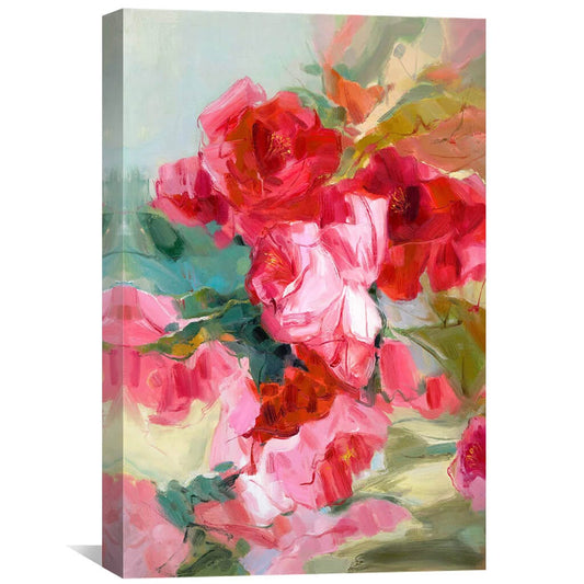 Vibrant Floral Garden Oil Painting with Roses and Blossoms