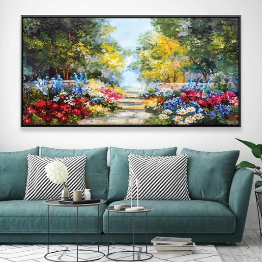 Vibrant Garden Path Oil Painting - Colorful Floral Landscape Decor