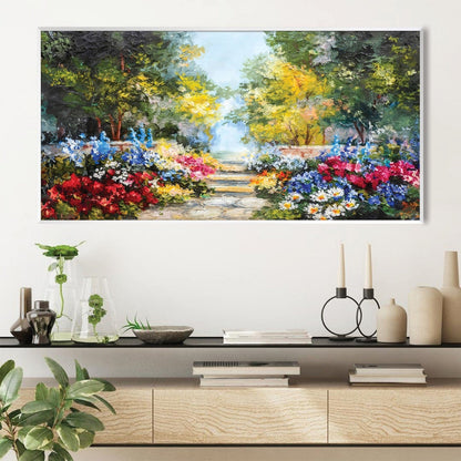 Vibrant Garden Path Oil Painting - Colorful Floral Landscape Decor