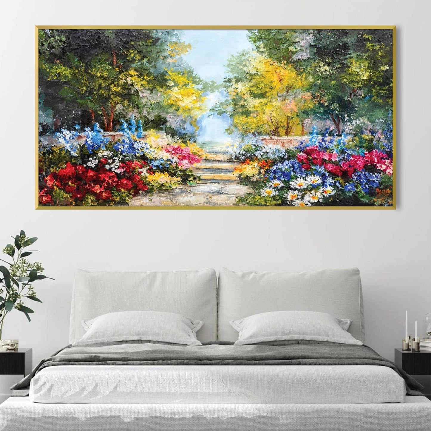 Vibrant Garden Path Oil Painting - Colorful Floral Landscape Decor