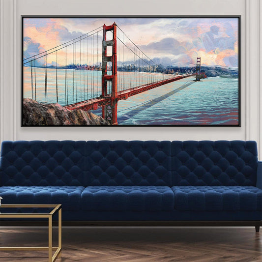 Golden Gate Bridge Sunset Oil Painting for Coastal Home Decor