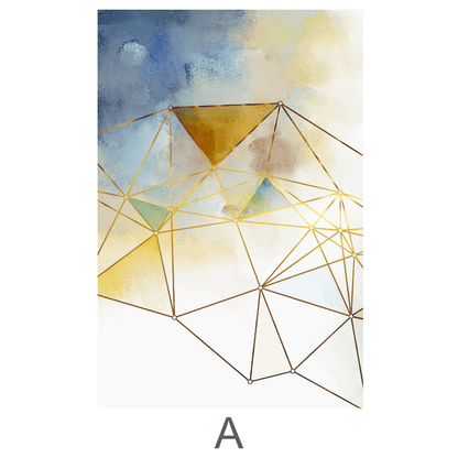 Abstract Geometric Oil Painting in Blue and Gold Tones for Modern Decor