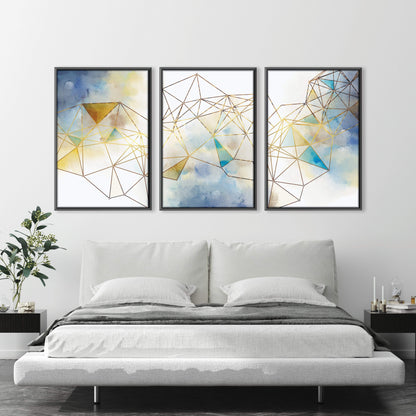 Abstract Geometric Oil Painting in Blue and Gold Tones for Modern Decor