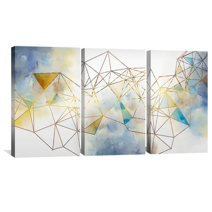 Abstract Geometric Oil Painting in Blue and Gold Tones for Modern Decor