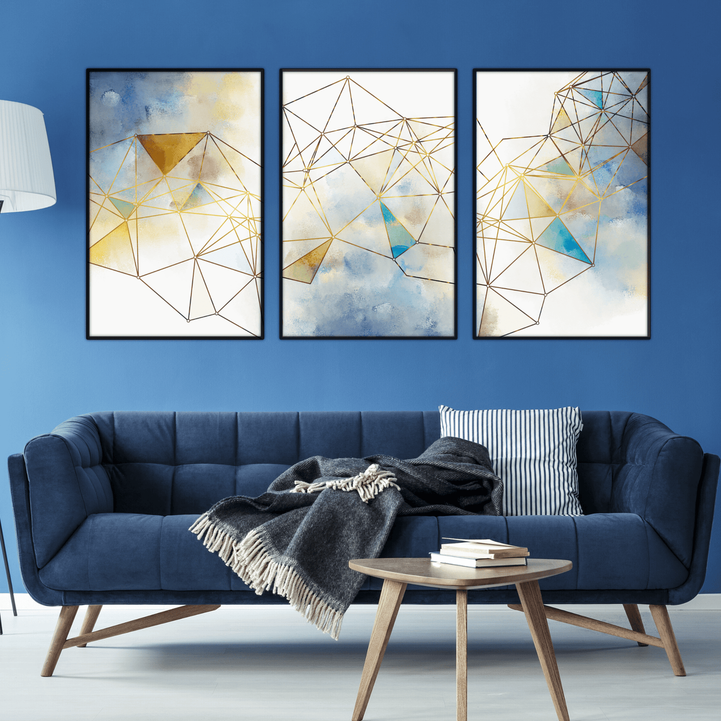 Abstract Geometric Oil Painting in Blue and Gold Tones for Modern Decor