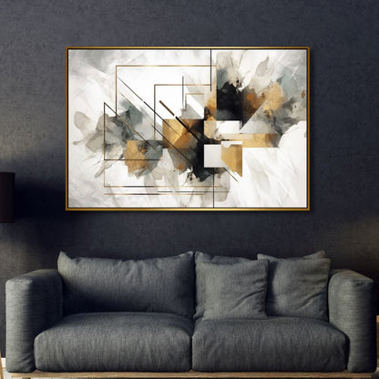 Elegant Geometric Gold and Gray Abstract Oil Painting for Modern Decor