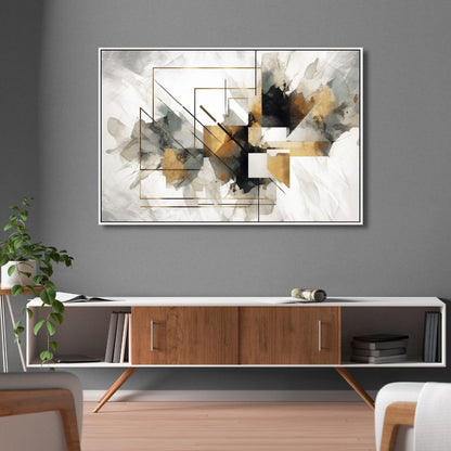Elegant Geometric Gold and Gray Abstract Oil Painting for Modern Decor