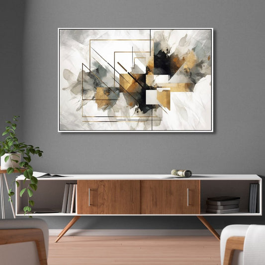 Elegant Geometric Gold and Gray Abstract Oil Painting for Modern Decor