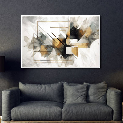 Elegant Geometric Gold and Gray Abstract Oil Painting for Modern Decor