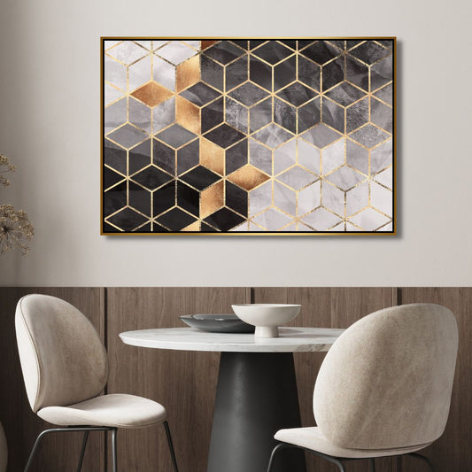 Modern Geometric Gray and Gold Abstract Oil Painting for Elegant Home Decor