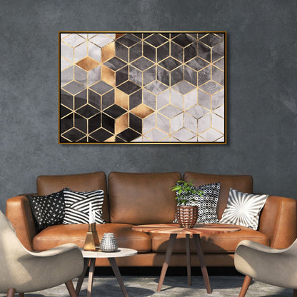 Modern Geometric Gray and Gold Abstract Oil Painting for Elegant Home Decor