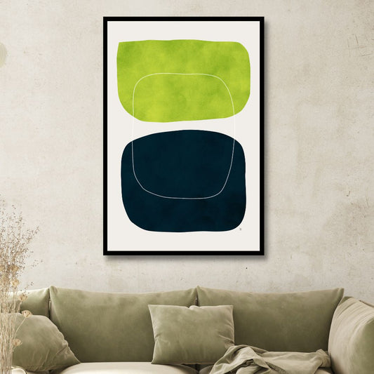 Modern Geometric Abstract Oil Painting in Green, Black, and White Colors
