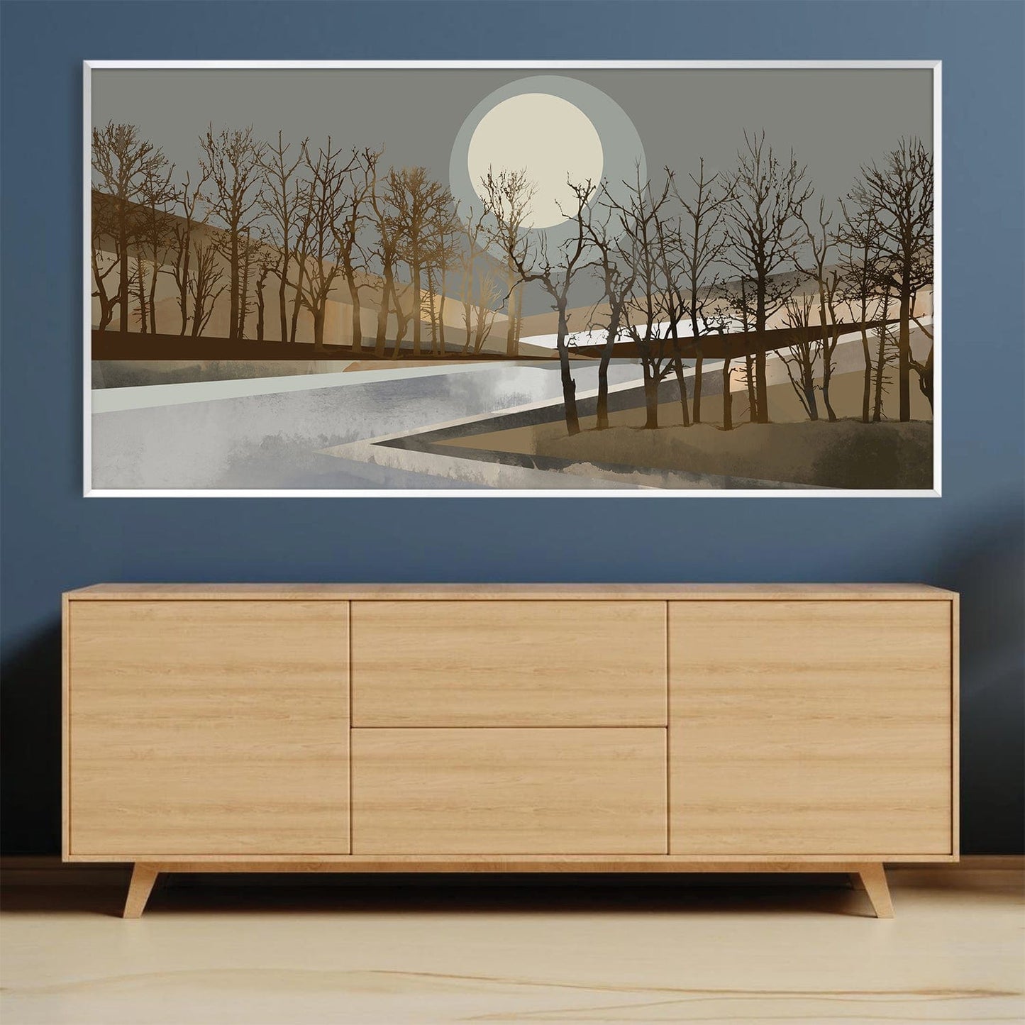 Serene Geometric Moonrise Landscape Oil Painting for Modern Home Decor