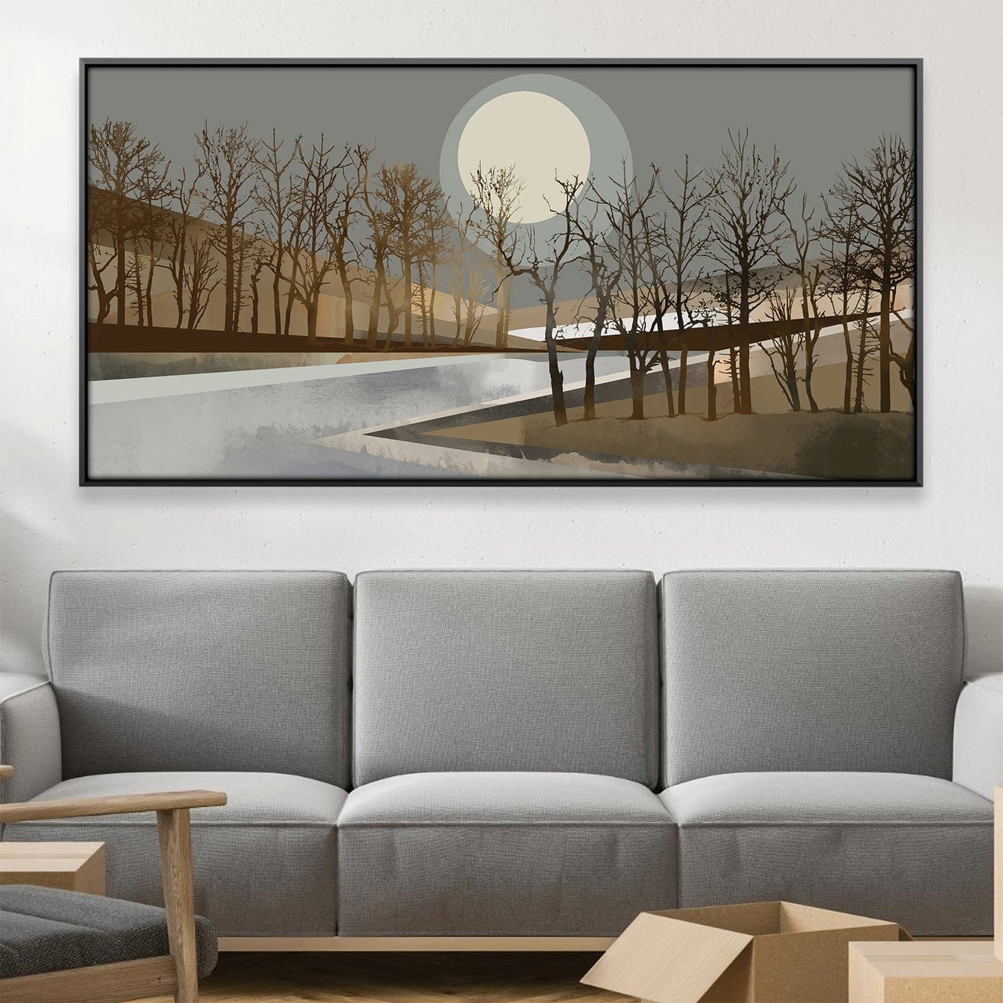 Serene Geometric Moonrise Landscape Oil Painting for Modern Home Decor