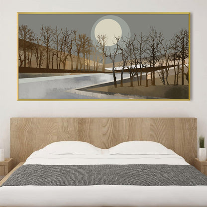 Serene Geometric Moonrise Landscape Oil Painting for Modern Home Decor