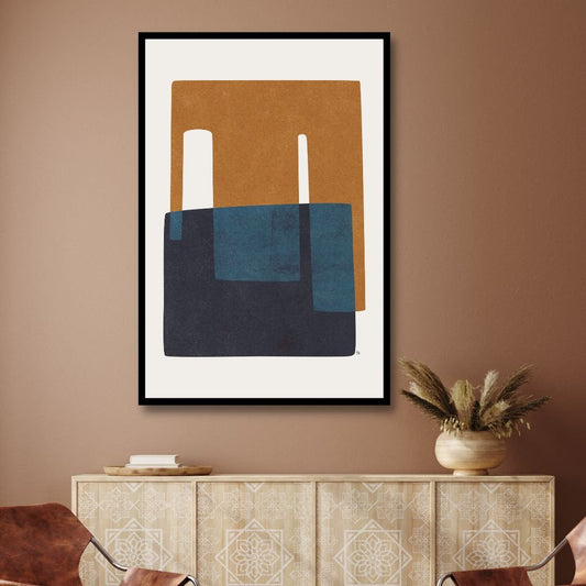 Modern Geometric Abstract Oil Painting in Navy and Brown Tones for Home Decor