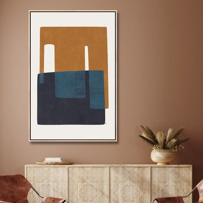 Modern Geometric Abstract Oil Painting in Navy and Brown Tones for Home Decor