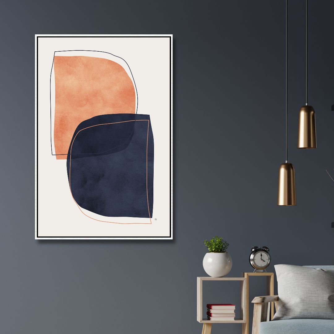 Navy and Peach Geometric Abstract Oil Painting for Modern Home Decor