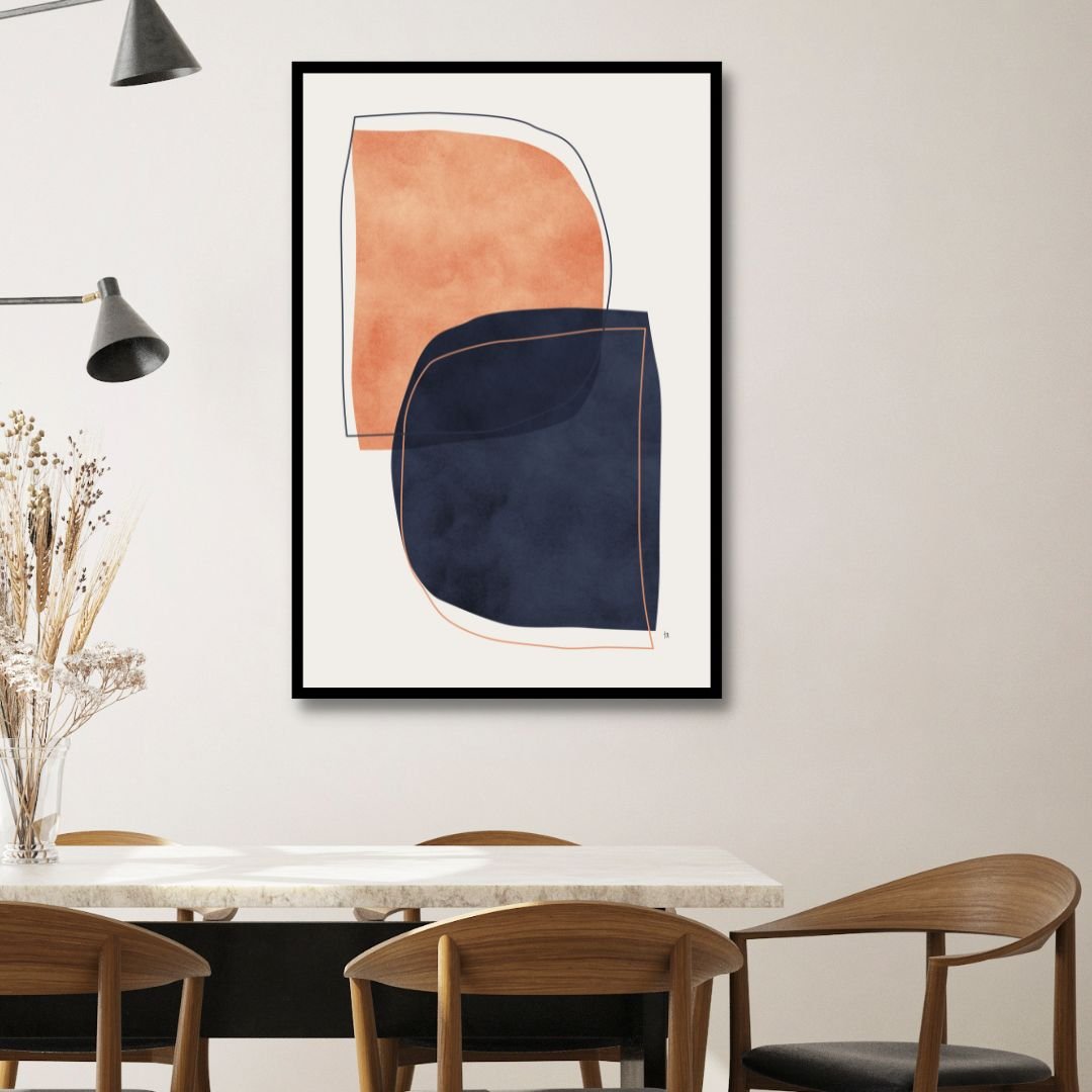 Navy and Peach Geometric Abstract Oil Painting for Modern Home Decor