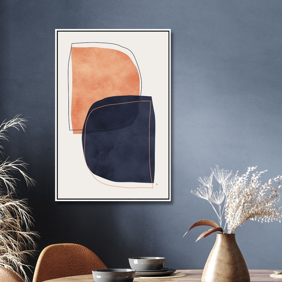 Navy and Peach Geometric Abstract Oil Painting for Modern Home Decor