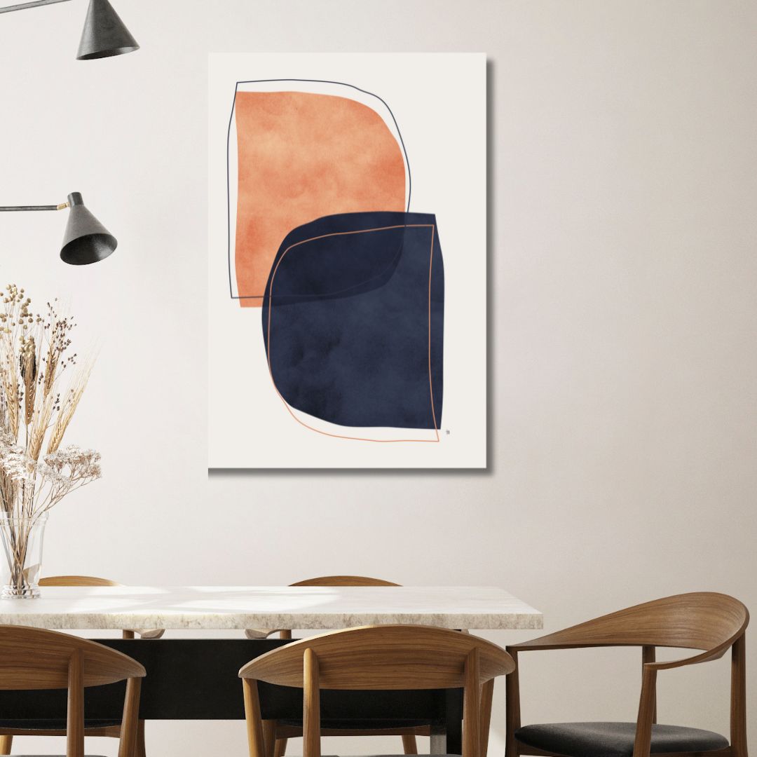 Navy and Peach Geometric Abstract Oil Painting for Modern Home Decor