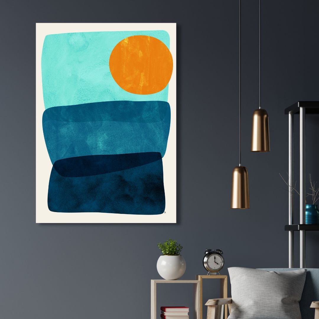 Vibrant Geometric Abstract Oil Painting in Orange, Blue, and Green Tones