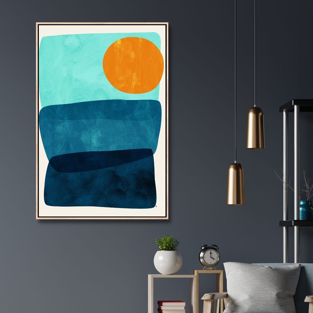 Vibrant Geometric Abstract Oil Painting in Orange, Blue, and Green Tones