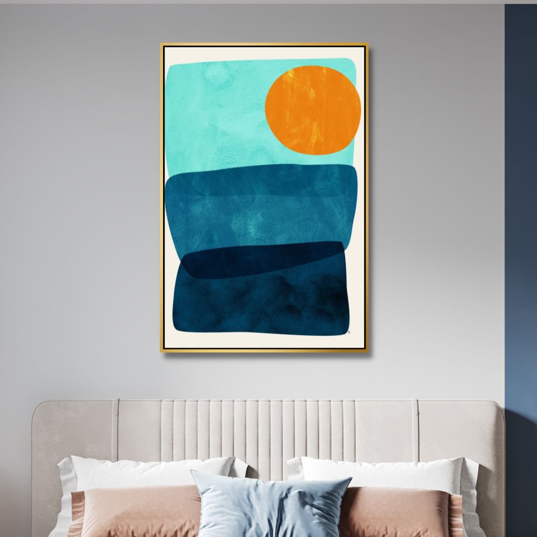 Vibrant Geometric Abstract Oil Painting in Orange, Blue, and Green Tones