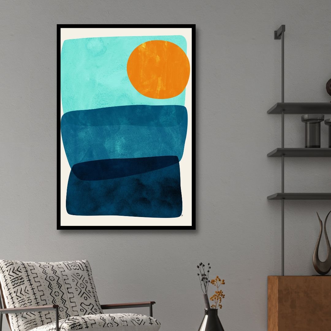 Vibrant Geometric Abstract Oil Painting in Orange, Blue, and Green Tones