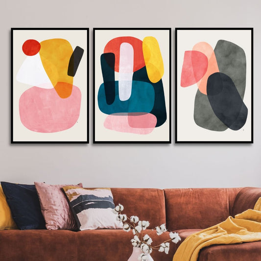 Abstract Geometric Shapes in Pink, Yellow, Red, and Gray - Contemporary Oil Painting
