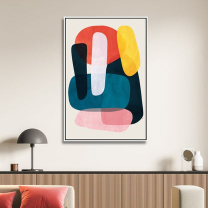 Abstract Geometric Shapes in Pink, Yellow, Red, and Gray - Contemporary Oil Painting