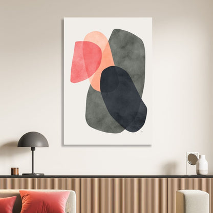 Abstract Geometric Shapes in Pink, Yellow, Red, and Gray - Contemporary Oil Painting