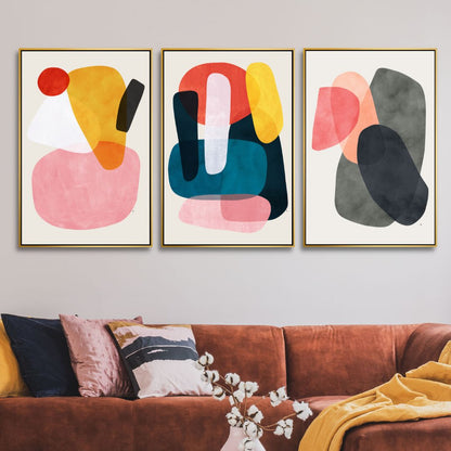 Abstract Geometric Shapes in Pink, Yellow, Red, and Gray - Contemporary Oil Painting