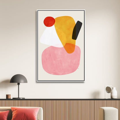 Abstract Geometric Shapes in Pink, Yellow, Red, and Gray - Contemporary Oil Painting