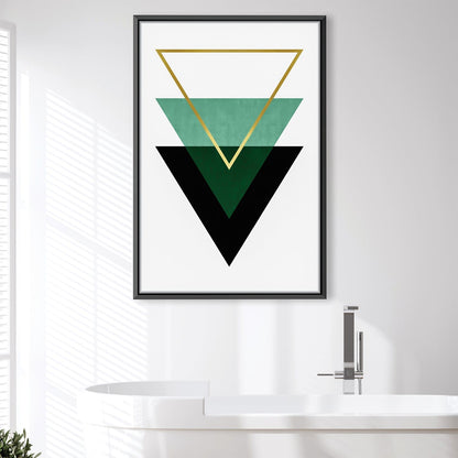 Modern Geometric Oil Painting with Triangles in Green and Gold References