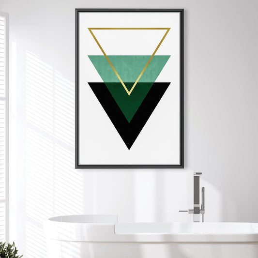 Modern Geometric Oil Painting with Triangles in Green and Gold References