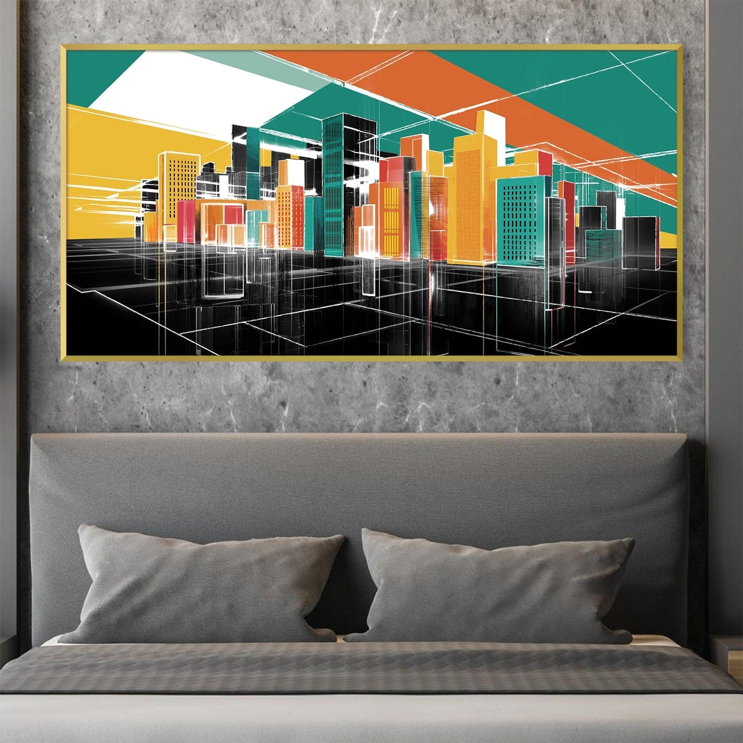 Vibrant Geometric Cityscape Oil Painting for Modern Home Decor