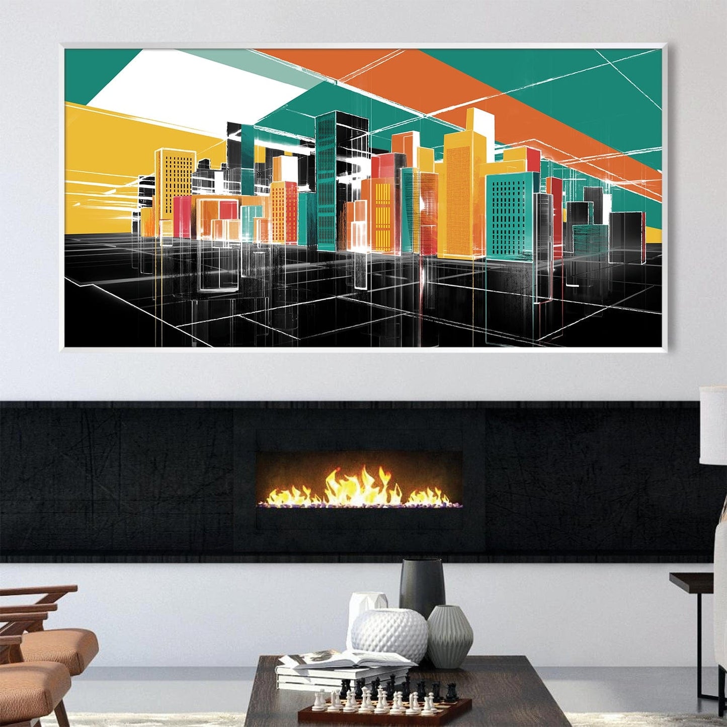 Vibrant Geometric Cityscape Oil Painting for Modern Home Decor