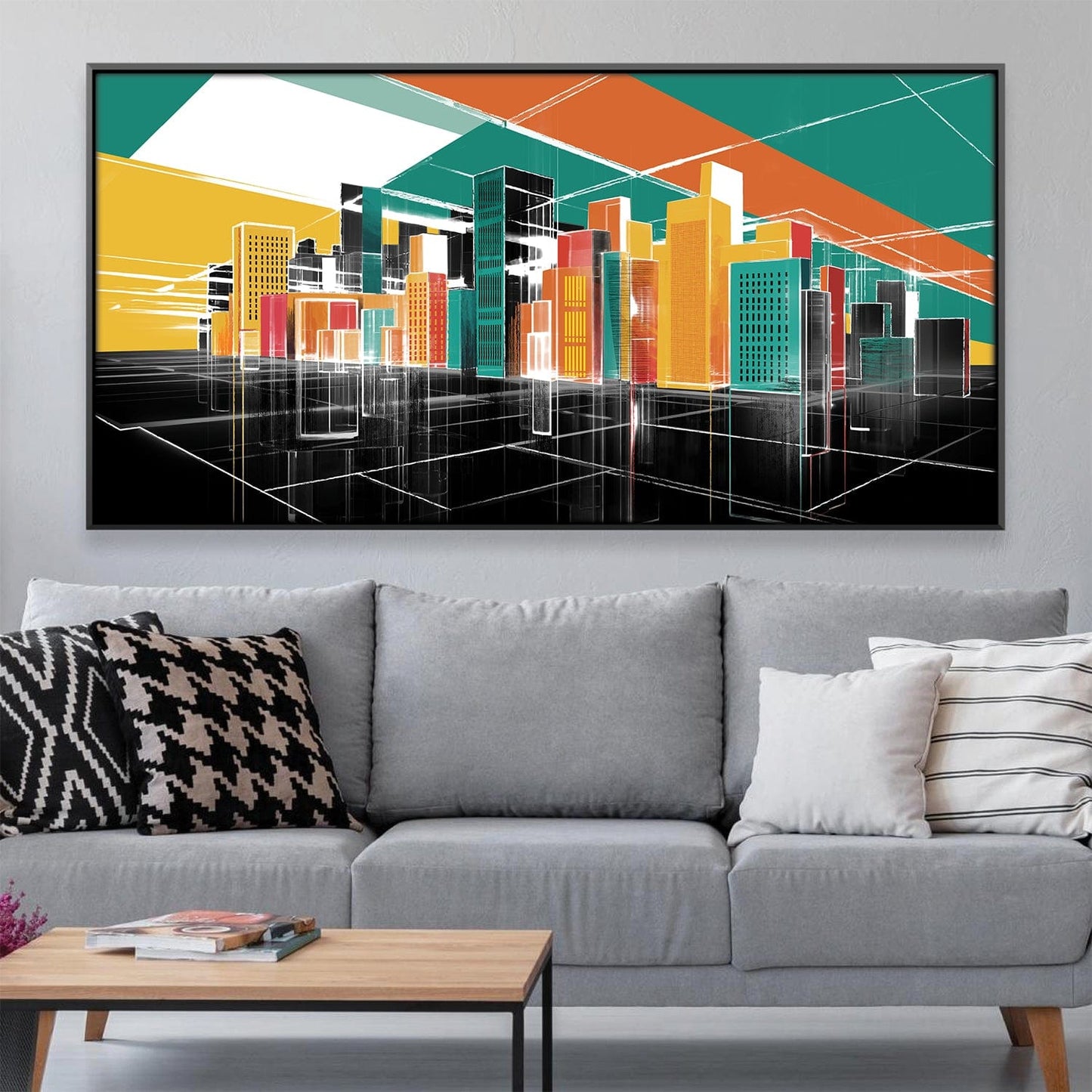 Vibrant Geometric Cityscape Oil Painting for Modern Home Decor