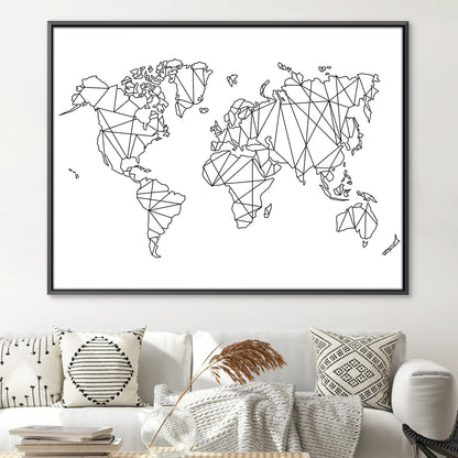 Geometric World Map Art - Modern Black and White Canvas Decor for Global Enthusiasts