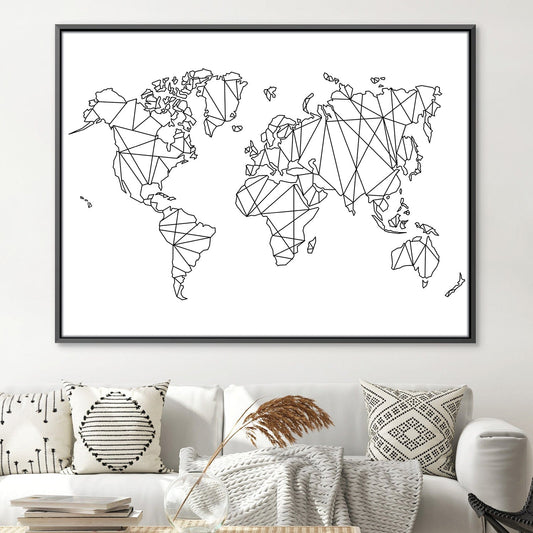 Geometric World Map Art - Modern Black and White Canvas Decor for Global Enthusiasts