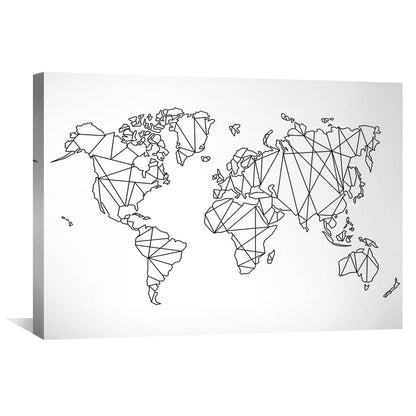 Geometric World Map Art - Modern Black and White Canvas Decor for Global Enthusiasts